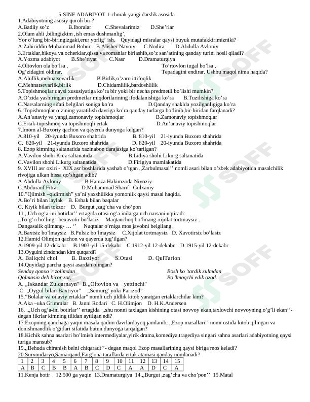 5-sinf ona tili va adabiyot fanidan  1-chorak test topshiriqlari javoblari bilan.