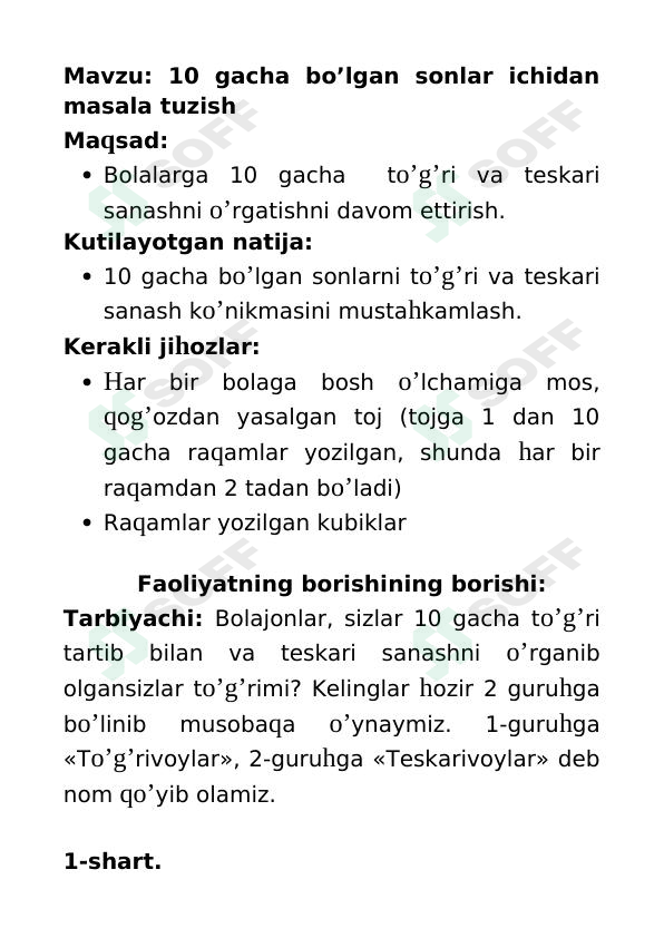 Mashg'ulot ishlanma: 10gacha bo'lgan sonlar ichidan masala tuzish