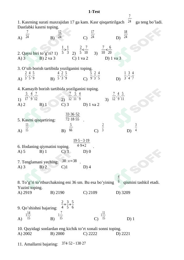 Matematika fanidan testlar
