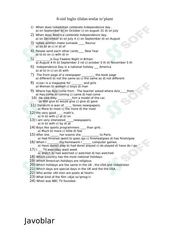 8-sinf Ingliz tili test