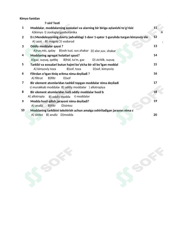 Maktab darsligi 7 - sinf Kimyo fani uchun moʻljallangan test savol - javoblari bilan