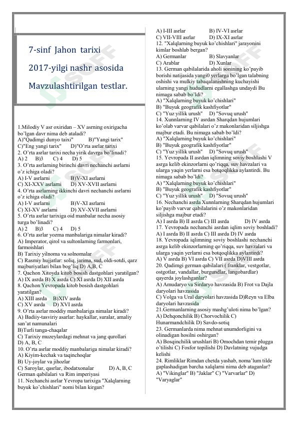 Jahon tarixi fanidan mavzulashtirilgan testlar / 7-sinf