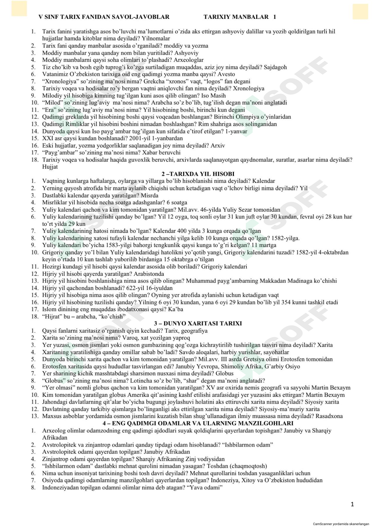 5-sinf tarix fanidan umumiy savol-javoblar to'plami