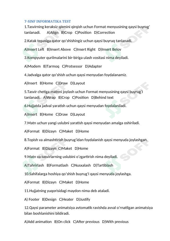 7-sinf informatika testlar