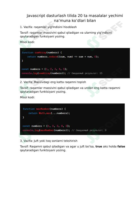 Javascript dasturlash tilidan 20 ta masalalar to'plami, ko'd na'munasi bilan.
