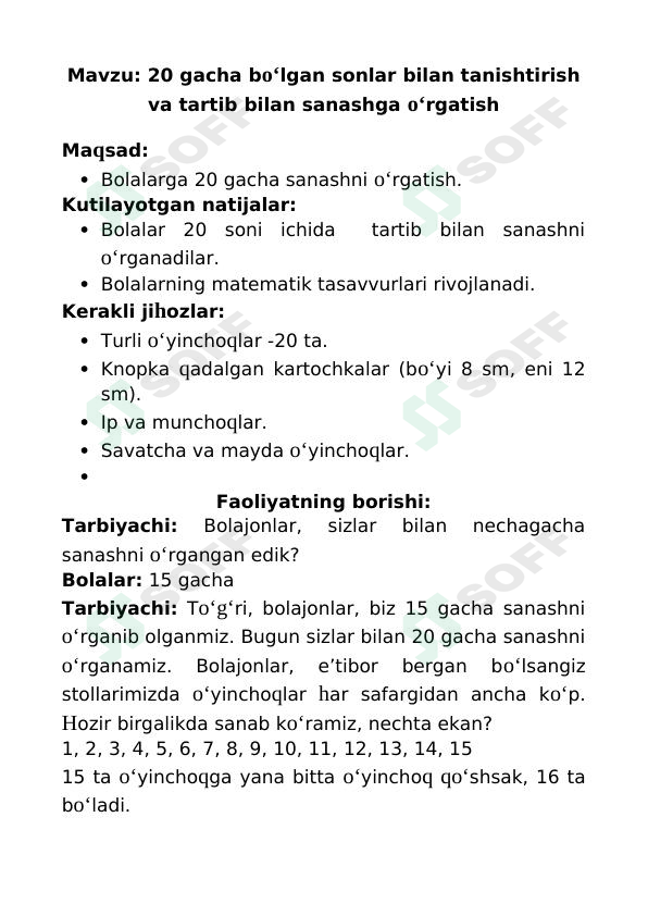 Mashg'ulot ishlanma: 20 gacha bo‘lgan sonlar bilan tanishtirish.