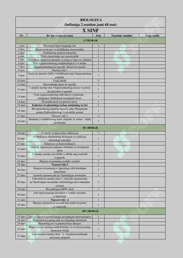10-sinf taqvimiy reja biologiya