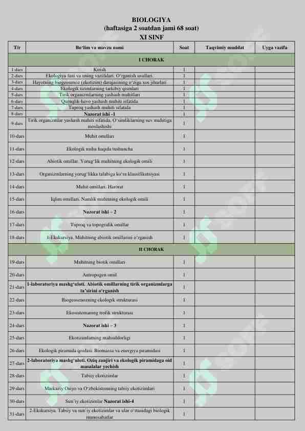 11-sinf taqvimiy reja biologiya