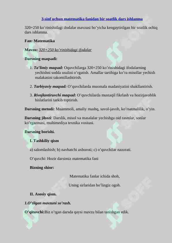 3-sinf uchun matematika fanidan bir soatlik dars ishlanma