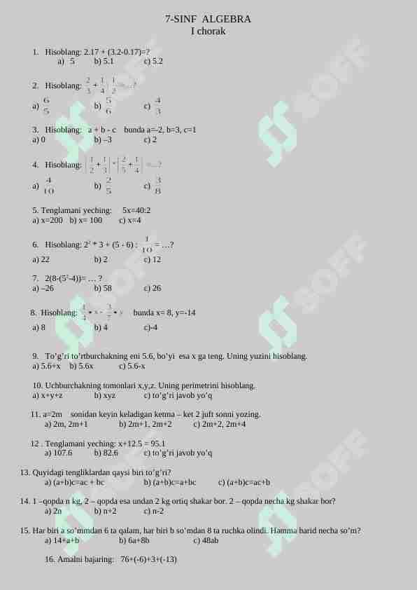 7-sinf matematika fanidan testlar