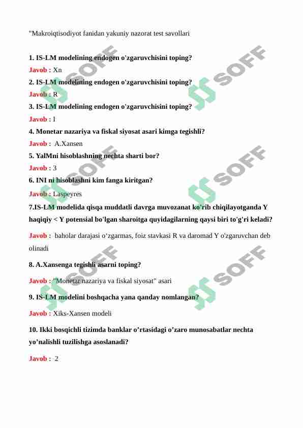 Makroiqtisodiyot fanidan yakuniy testlar javobi bilan