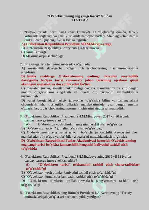 O'zbekistonning eng yangi tarixi fanidan 150 talik test javoblari bilan