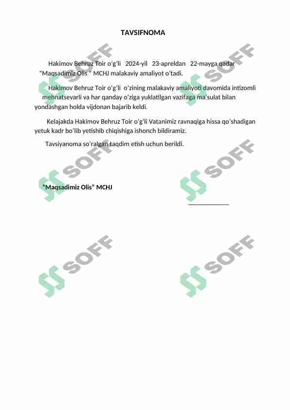 Amaliyot uchun Tavsifnoma 2024