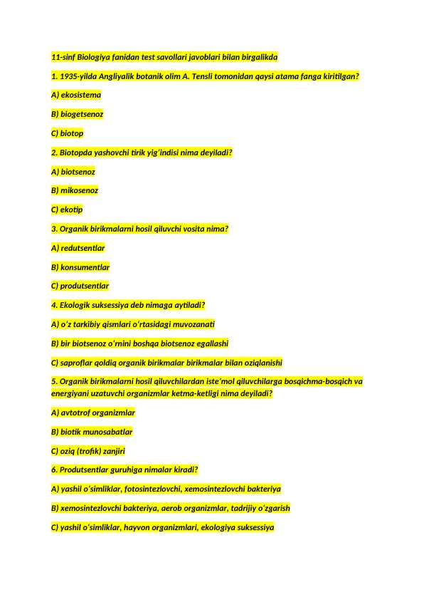 11-sinf mavzulastirilgan test savollari javoblari bilan / Biologiya