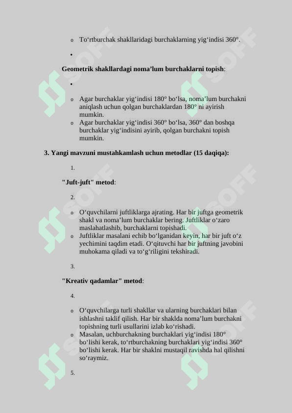 Geometrik shakllardagi noma’lum burchaklarni topish.(ochiq dars ishlanma)