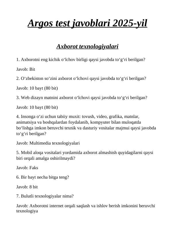 Argos test javoblari 2025-yil yangi