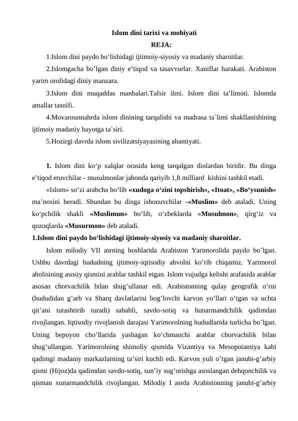 Islom dini tarixi va mohiyati