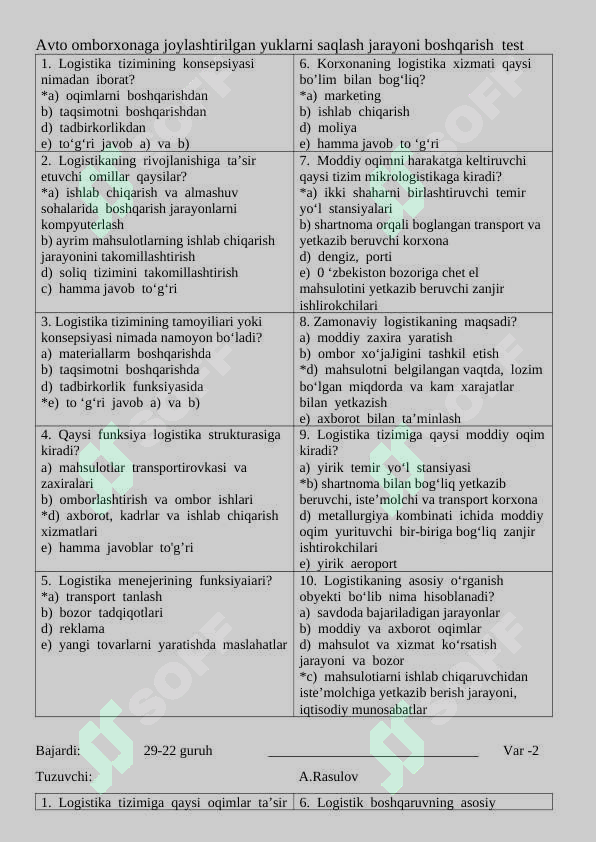 Logistika fanidan test