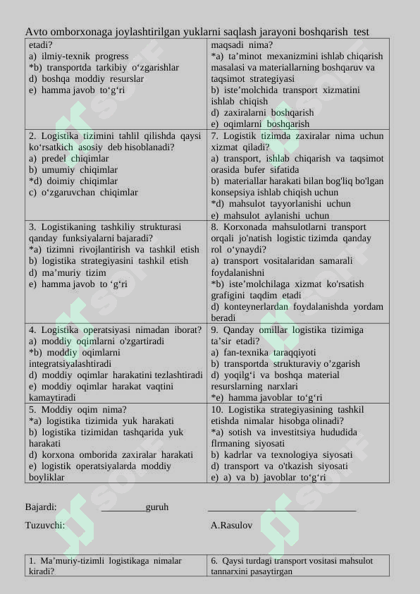 Logistika fanidan test