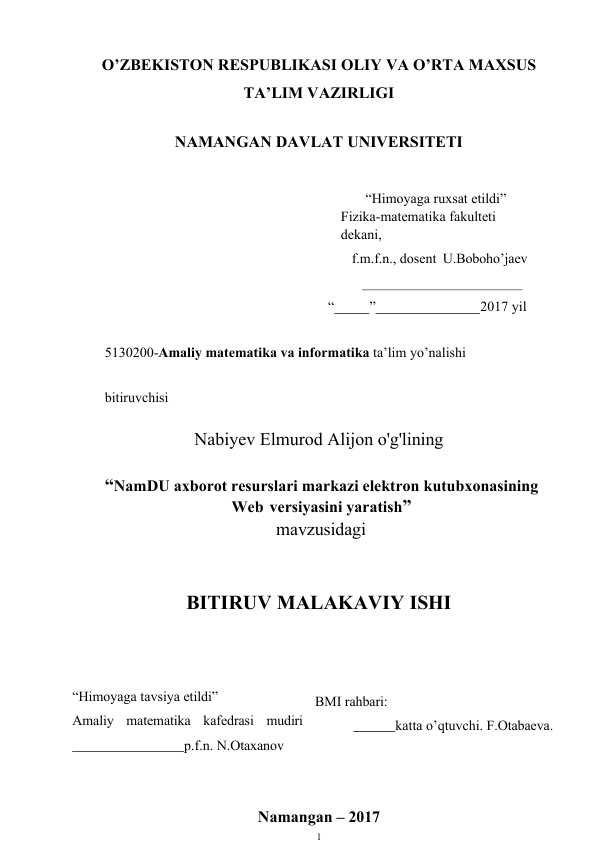 NamDU axborot resurslari markazi elektron kutubxonasining Web versiyasini yaratish