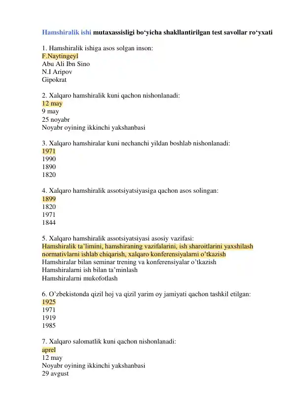 Hamshiralik Ishi Testlari To'liq javoblari bilan Argos 2025