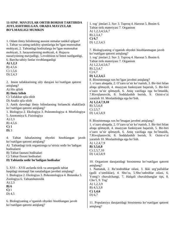11- sinf biologiya fanidan mavzulashtirilgan test kitobcha   javoblari bilan