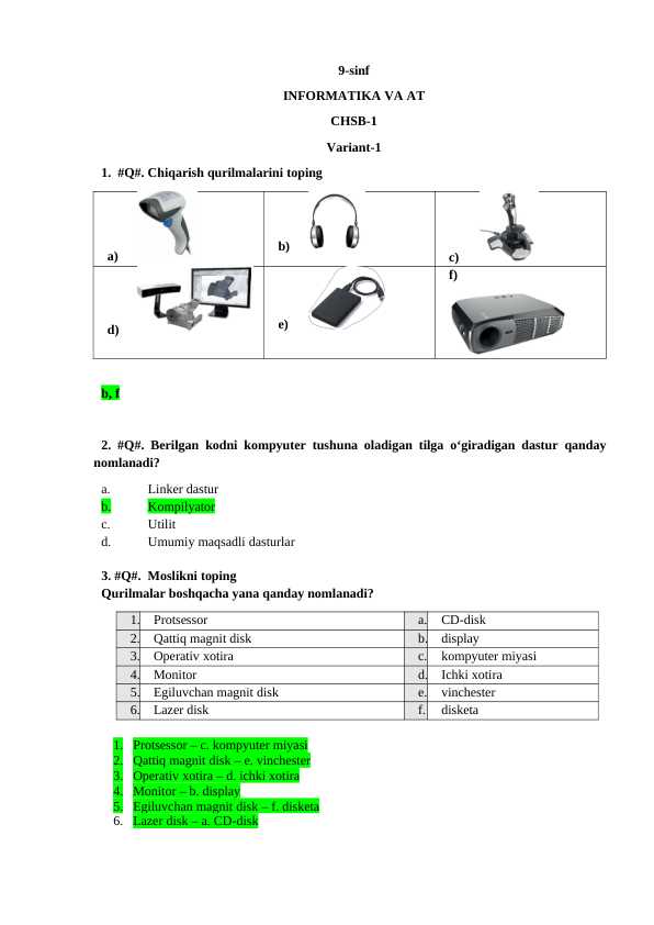 9-sinf - Informatika - Testlar - Javoblari bilan