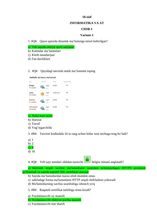 10-sinf - Informatika - Testlar - Javoblari bilan