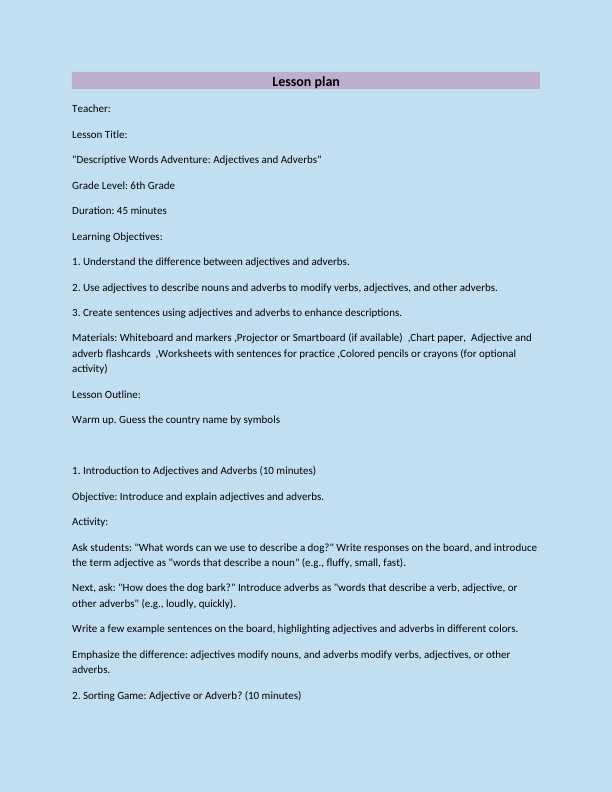 "Descriptive Words Adventure: Adjectives and Adverbs" lesson plan