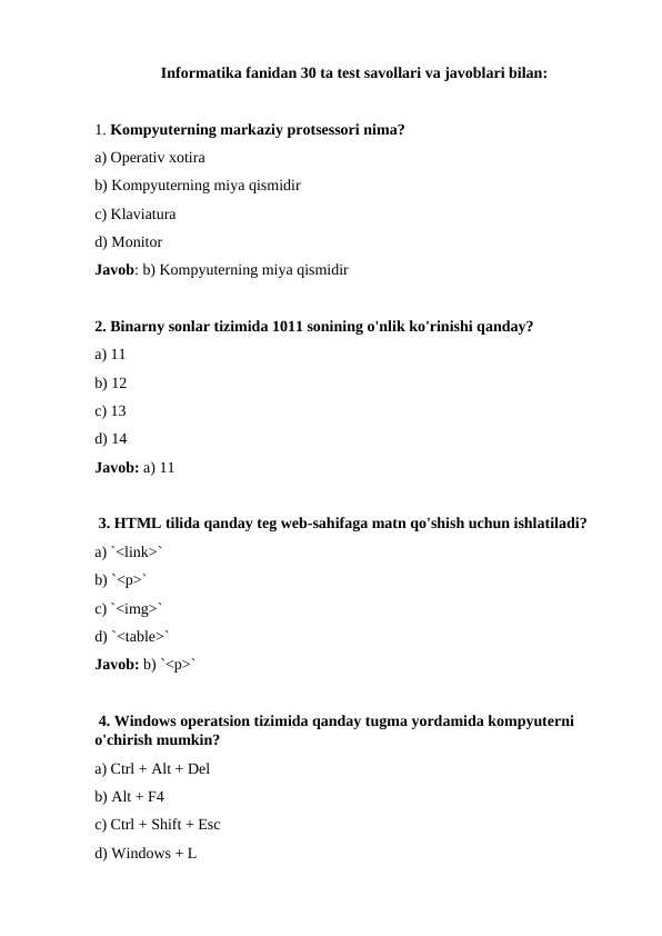 Informatika fanidan 30-ta test savollari javoblari bilan