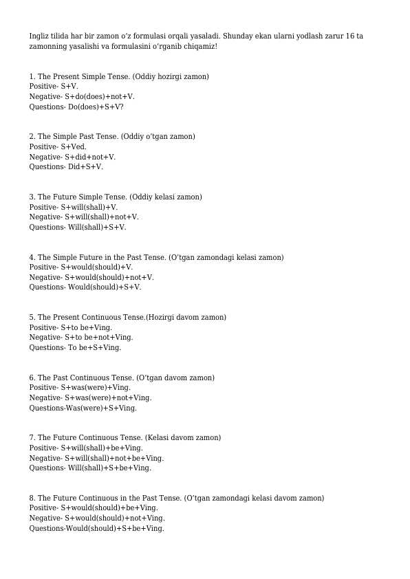 Ingliz tili barcha zamonlar yasalish formulasi