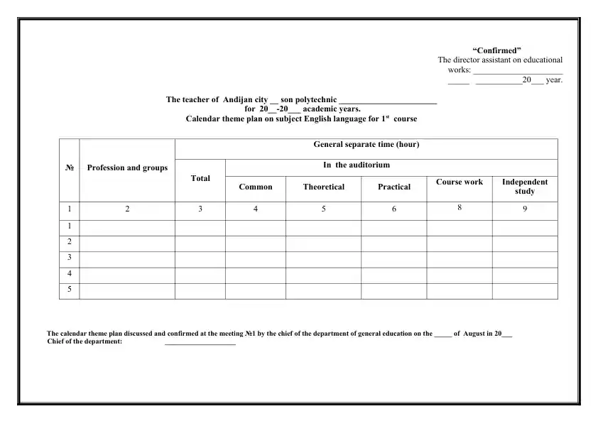 Ingliz tili taqvimiy mavzular rejasi