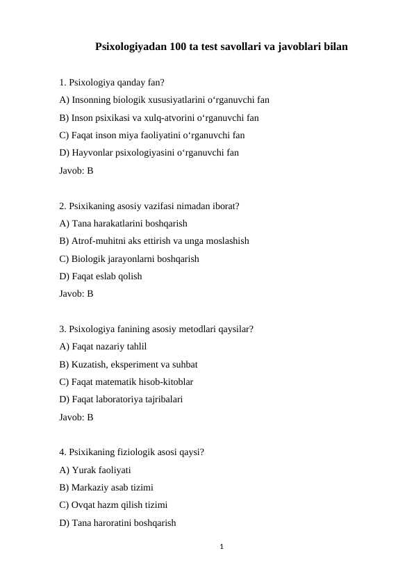 Psixologiyadan 100 ta test savollari va javoblari bilan birgalikda
