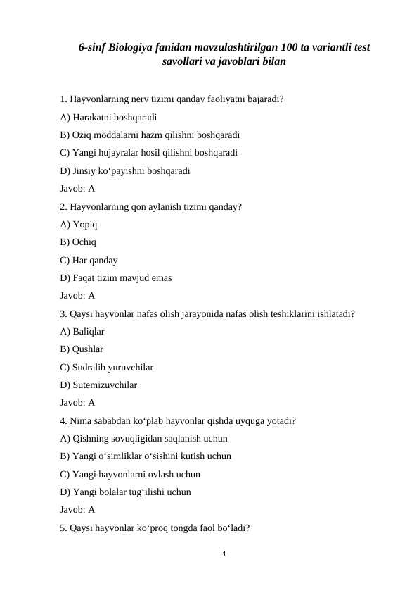 6-sinf Biologiya fanidan mavzulashtirilgan 100 ta variantli test savollari va javoblari bilan.docx