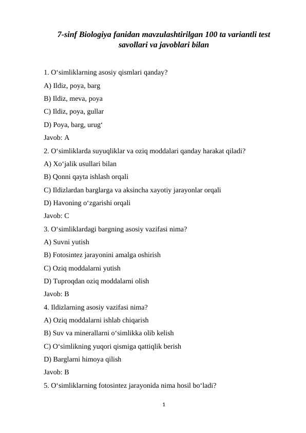 7-sinf Biologiya fanidan mavzulashtirilgan 100 ta variantli test savollari va javoblari bilan