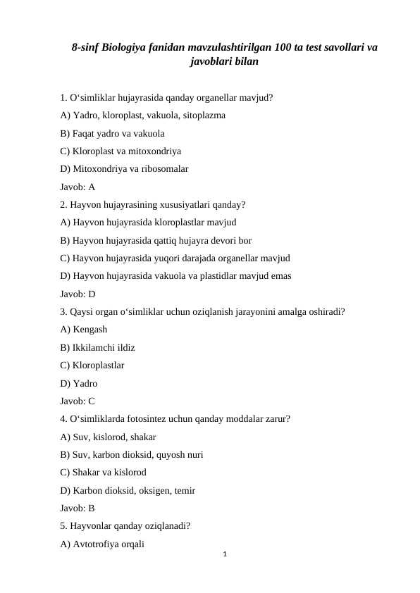 8-sinf Biologiya fanidan mavzulashtirilgan 100 ta test savollari va javoblari bilan.docx