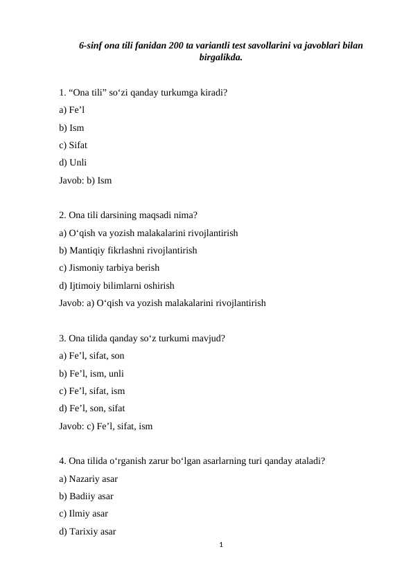 6-sinf ona tili fanidan 200 ta variantli test savollarini va javoblari bilan birgalikda