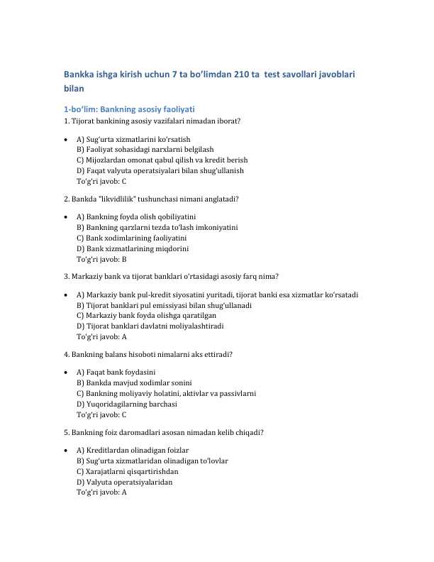 Bankka ishga kirish uchun 7 ta bo’limdan test savollari javoblari bilan