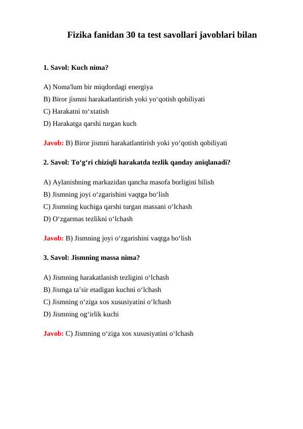 Fizika fanidan 30 ta test savollari javoblari bilan