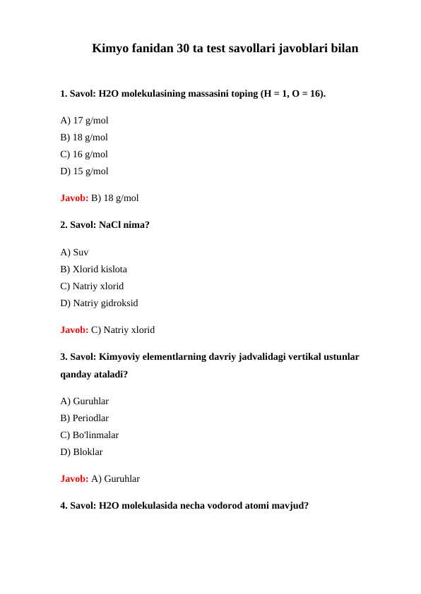 Kimyo fanidan 30 ta test savollari javoblari bilan