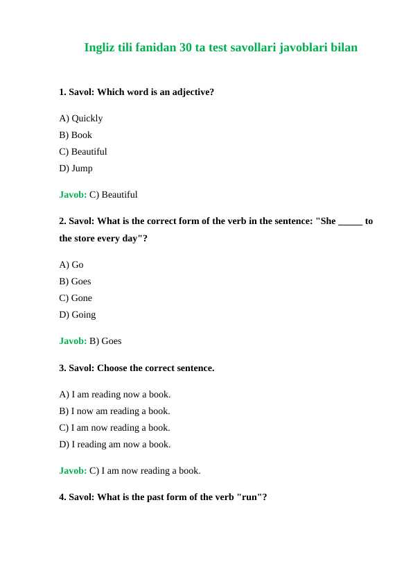 Ingliz tili fanidan 30 ta test savollari javoblari bilan