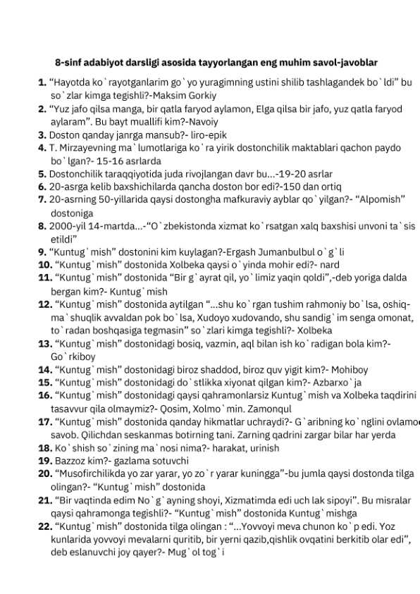 8- sinf adabiyot savol -javobi