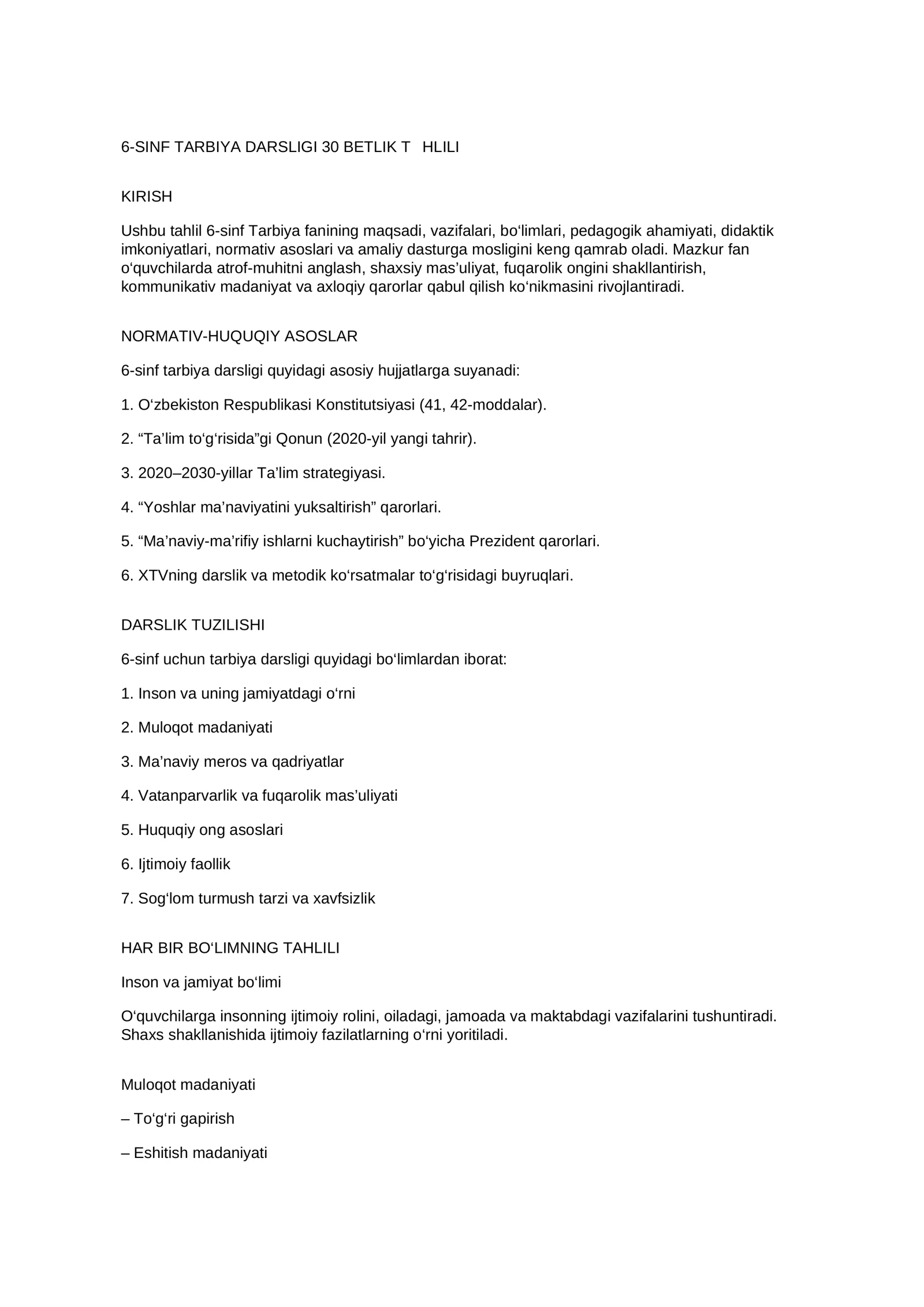 6-SINF TARBIYA DARSLIGI 30 BETLIK TIHLILI