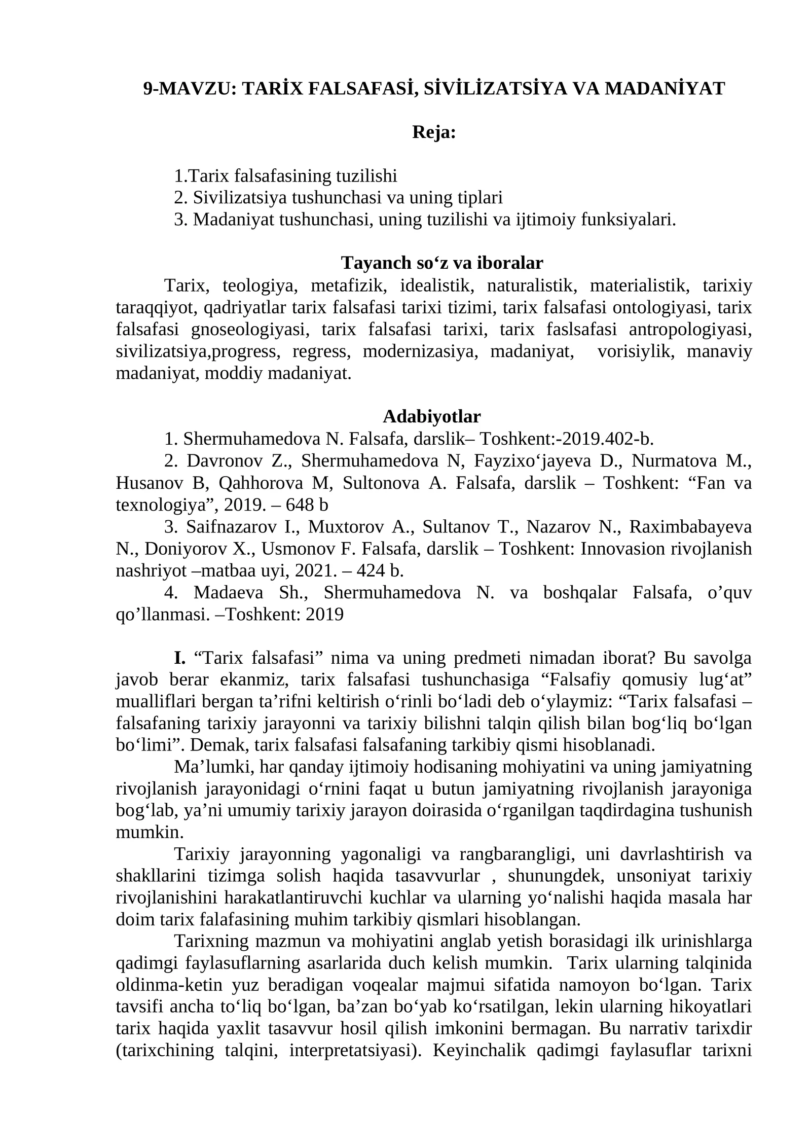 TARİX FALSAFASİ, SİVİLİZATSİYA VA MADANİYAT