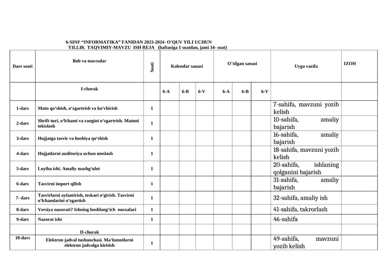 6-SINF “INFORMATIKA” FANIDAN 2023-2024- O’QUV YILI UCHUN YILLIK TAQVIMIY- MAVZU ISH REJA