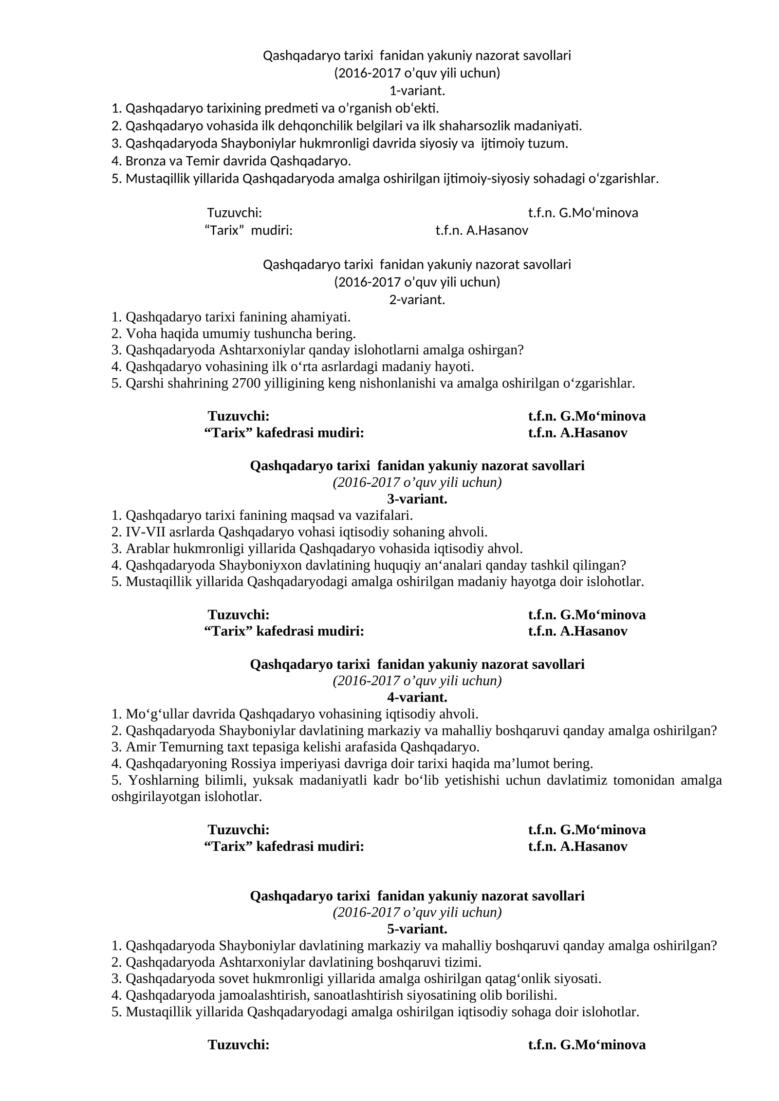 Qashqadaryo tarixi fanidan yakuniy nazorat savollari