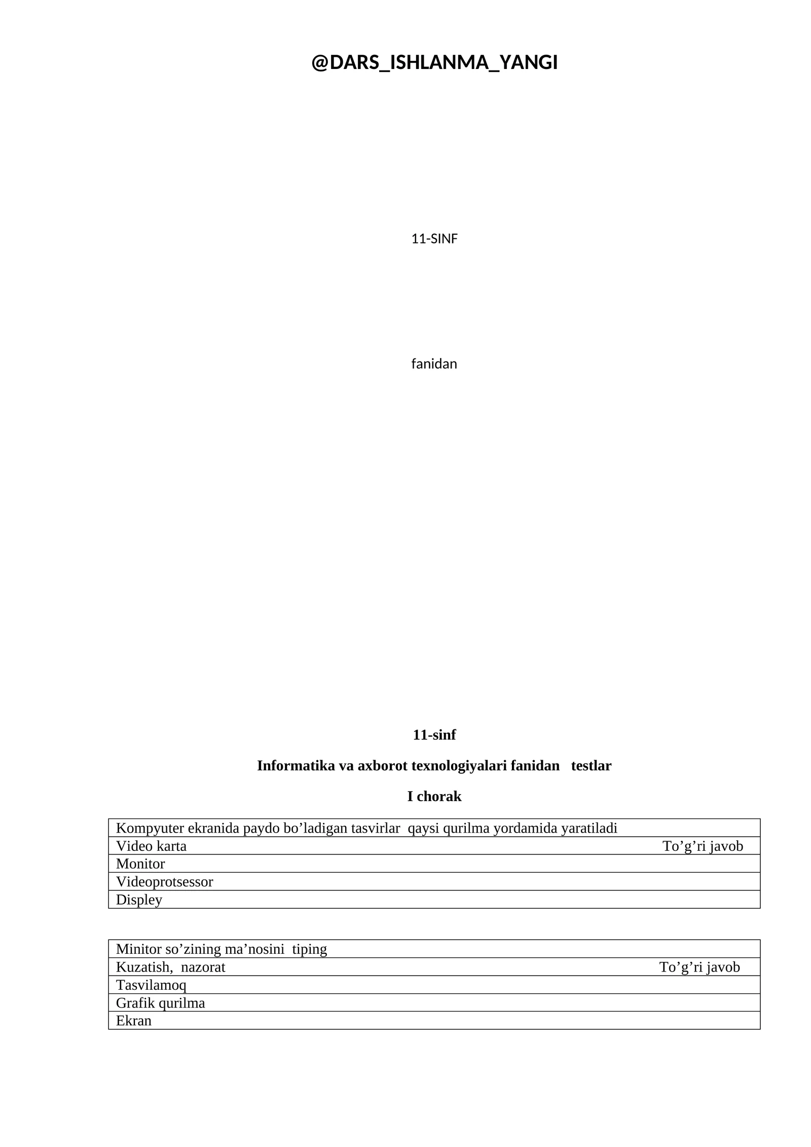 Informatika va axborot texnologiyalari fanidan testlar