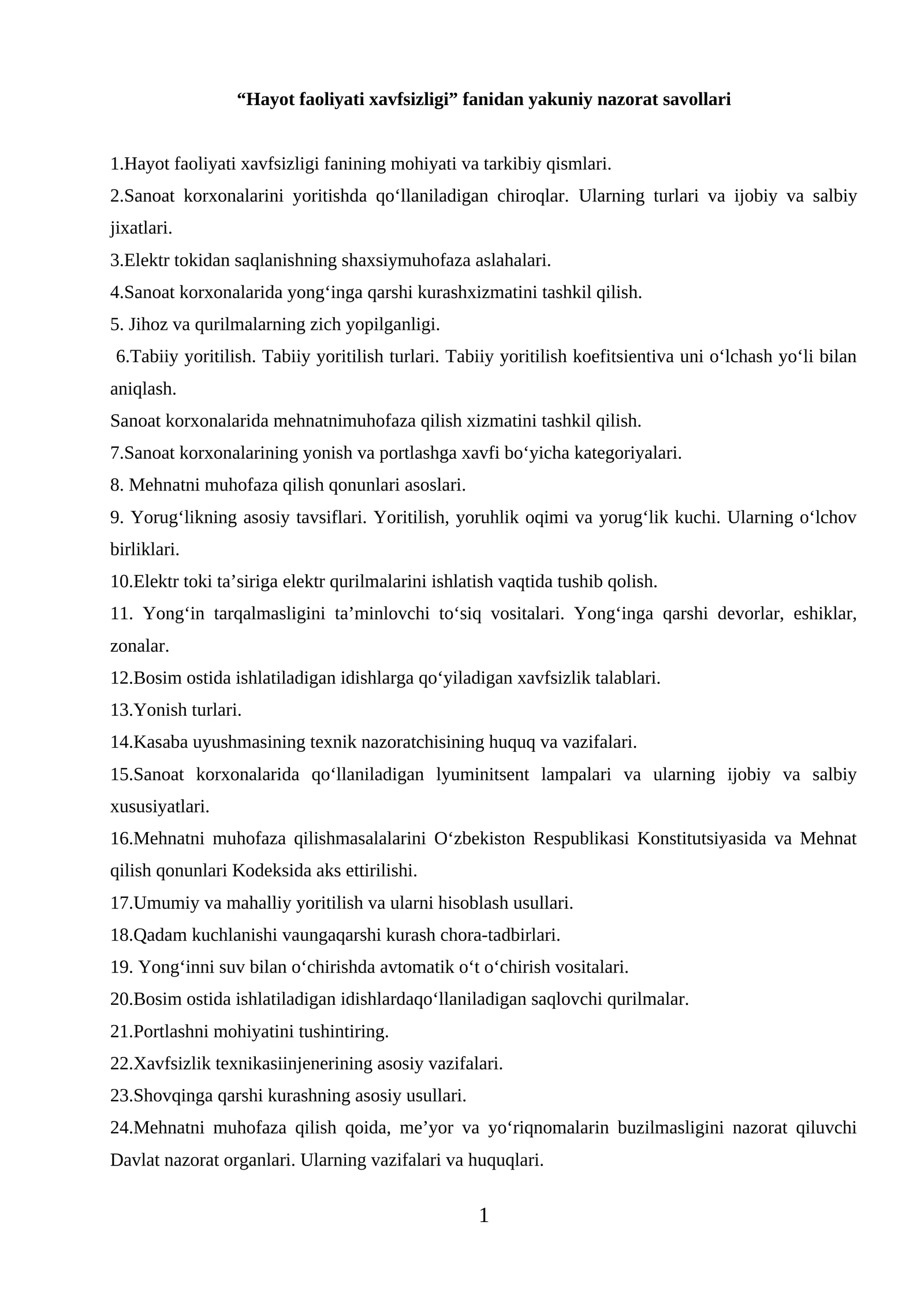 Hayot faoliyati xavfsizligi fanidan yakuniy nazorat savollari