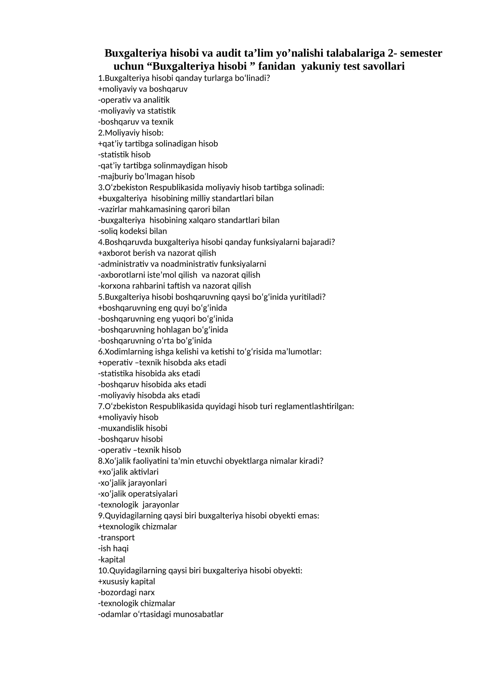 Buxgalteriya hisobi va audit ta’lim yo’nalishi yakuniy test savollari