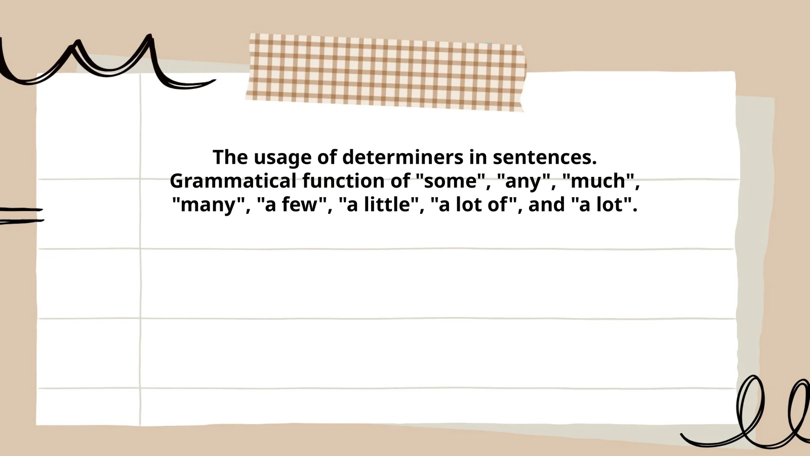 The usage of determiners in sentences. Grammatical function of "some", "any", "much", "many", "a few", "a little", "a lot of", and "a lot"